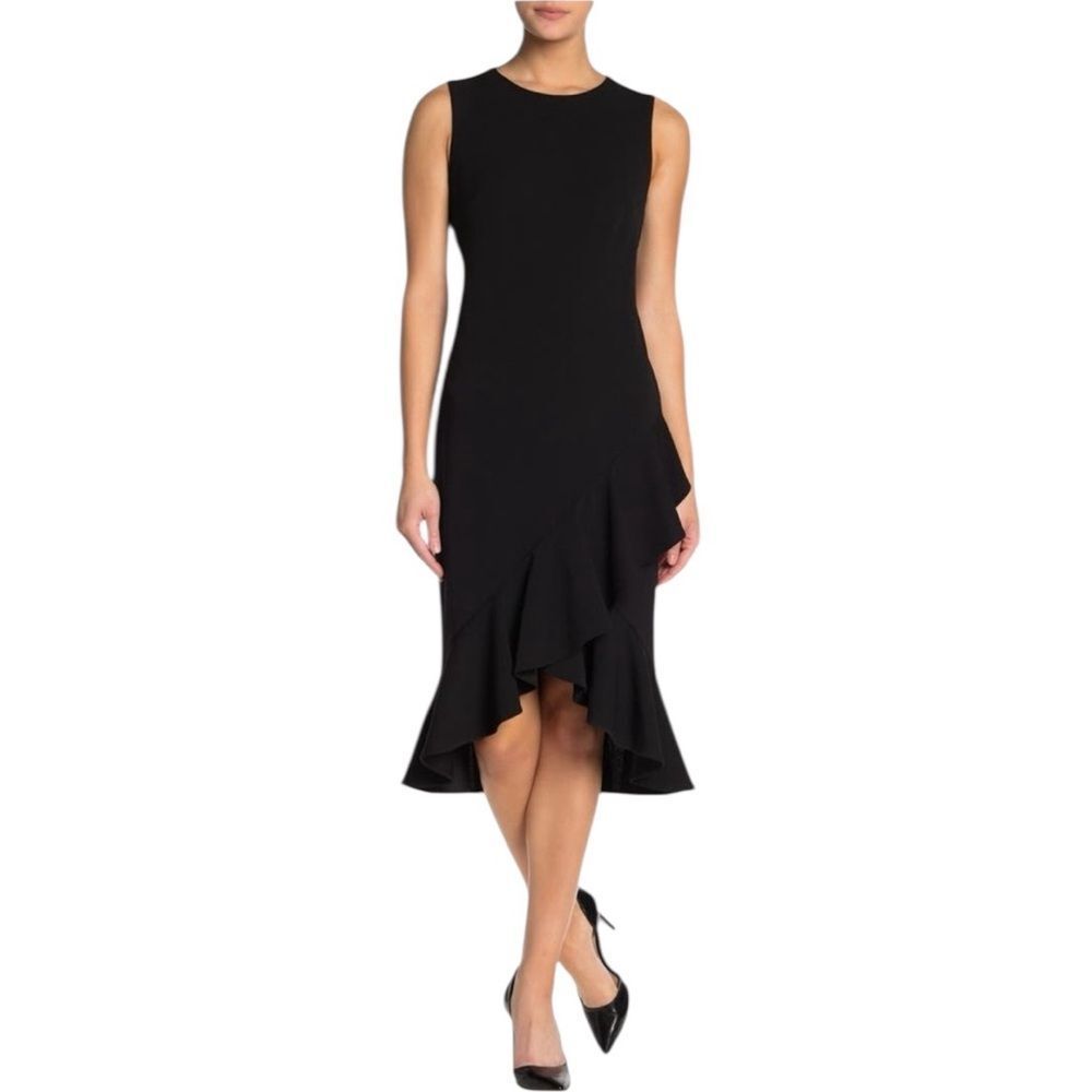 Nina Leonard Dress Womens Size L Black Sleeveless Sheath Midi Ruffle Hem